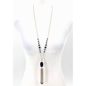 Gold Tone Tassel Black Beads Fringe Long Chain Tassel Vtg Statement Necklace